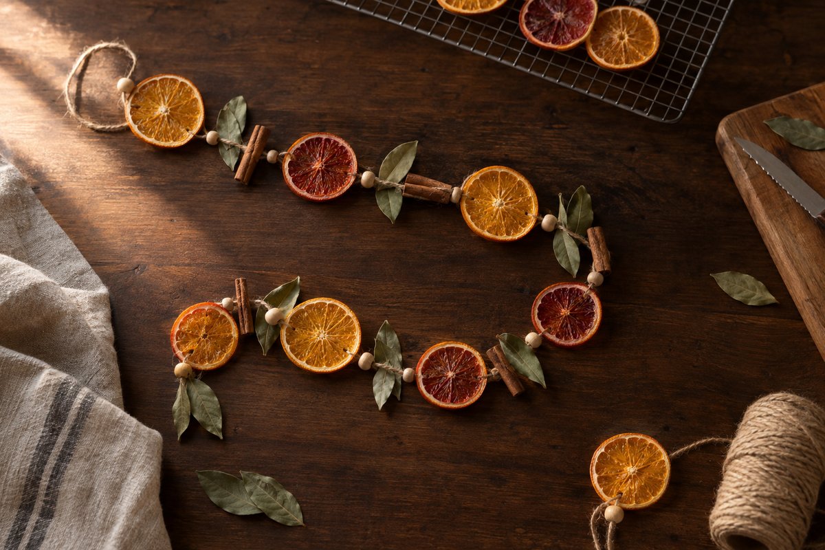 Finished dried orange garland with cinnamon sticks and bay leaves draped across a dark walnut table in warm afternoon light