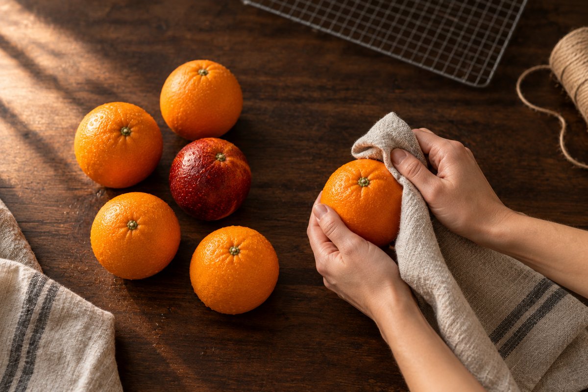 Four whole navel oranges and one blood orange on a dark walnut table beside a folded linen towel