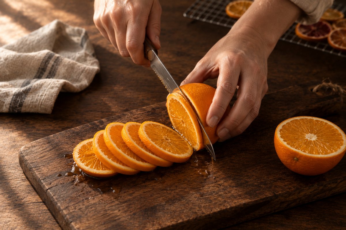 Serrated knife cutting a navel orange into even quarter-inch rounds on a dark wooden cutting board
