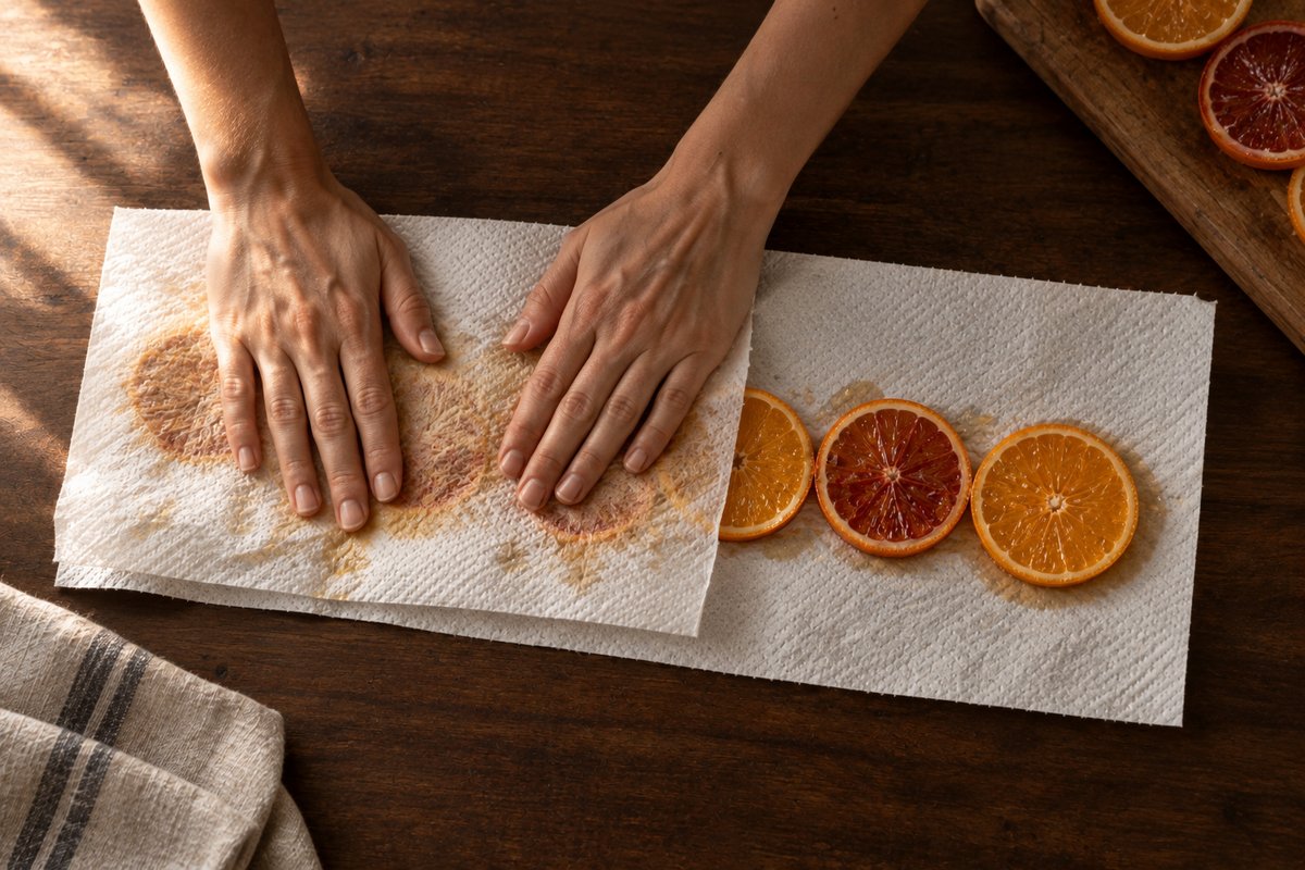 Hands pressing orange slices between layers of white paper towel to blot out the juice