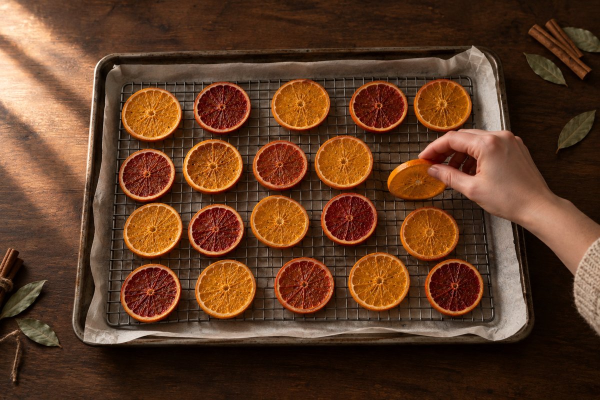 Orange slices arranged on a wire rack over a parchment-lined baking sheet, ready for the low oven