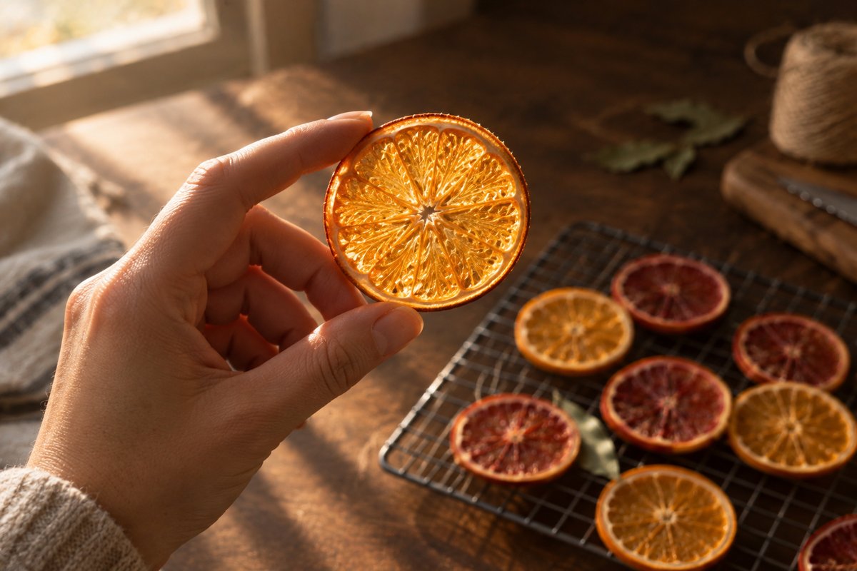 Hand holding a translucent dried orange slice up to the afternoon light to check the segments