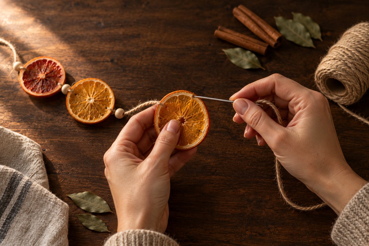 Darning needle pushing natural jute twine through the pith of a dried orange slice near the peel