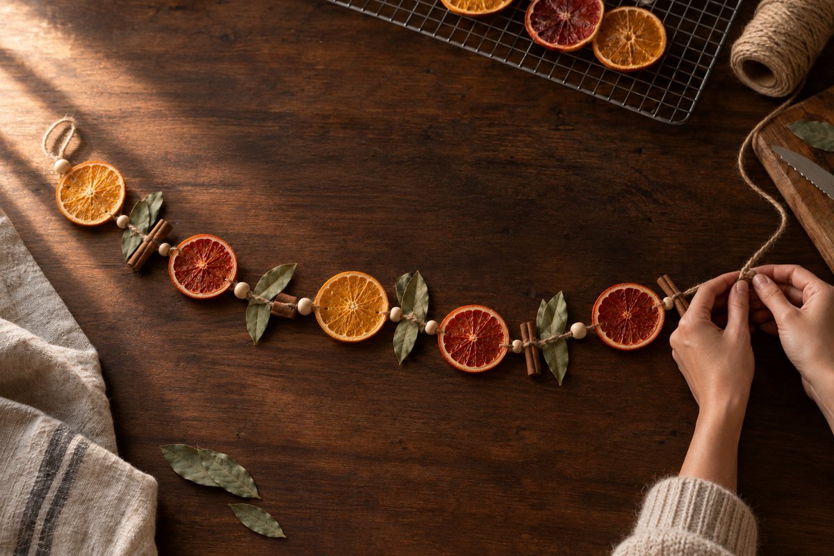 Finished garland of orange slices, cinnamon sticks, bay leaves and wooden beads laid out on the dark table