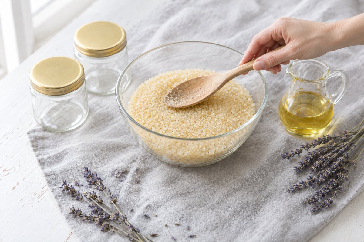 Pale golden sugar being levelled in a clear glass mixing bowl on grey linen with a wooden spoon