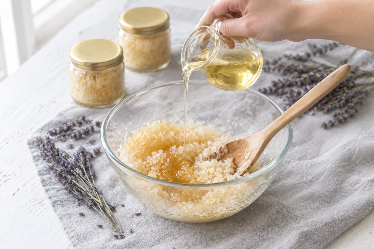 Clear oil being poured from a small glass jug in a thin stream onto sugar in a glass mixing bowl