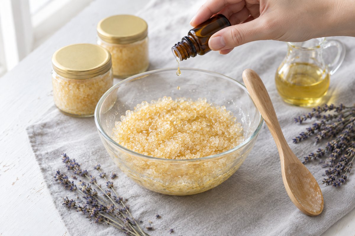 Drops of essential oil falling from a small amber bottle onto oiled sugar in a glass bowl beside lavender sprigs