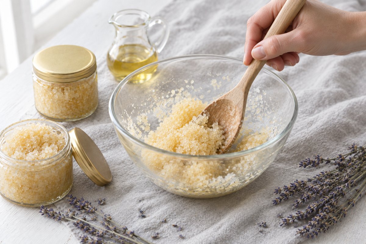 Wooden spoon pressing a mound of oiled sugar scrub against the side of a glass bowl to test the texture