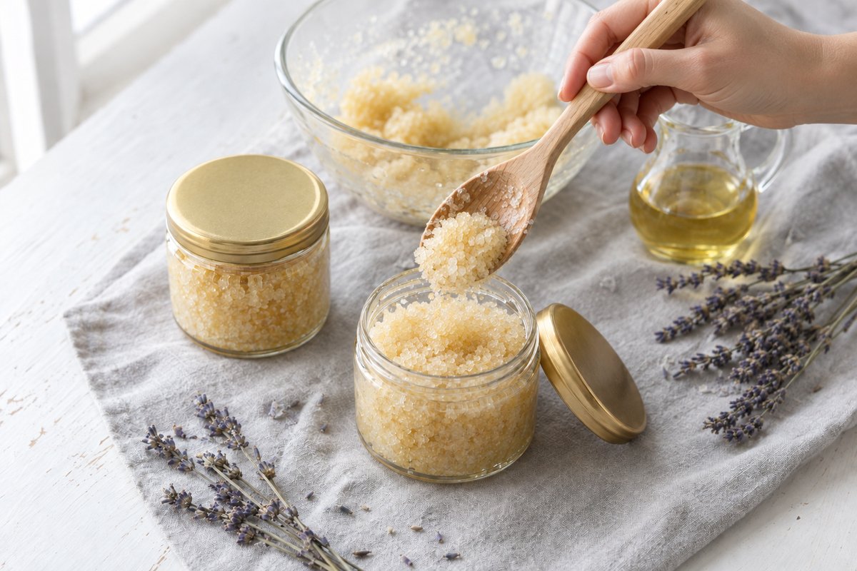 Sugar scrub being spooned into a small clear jar through a funnel on grey linen with lavender beside it