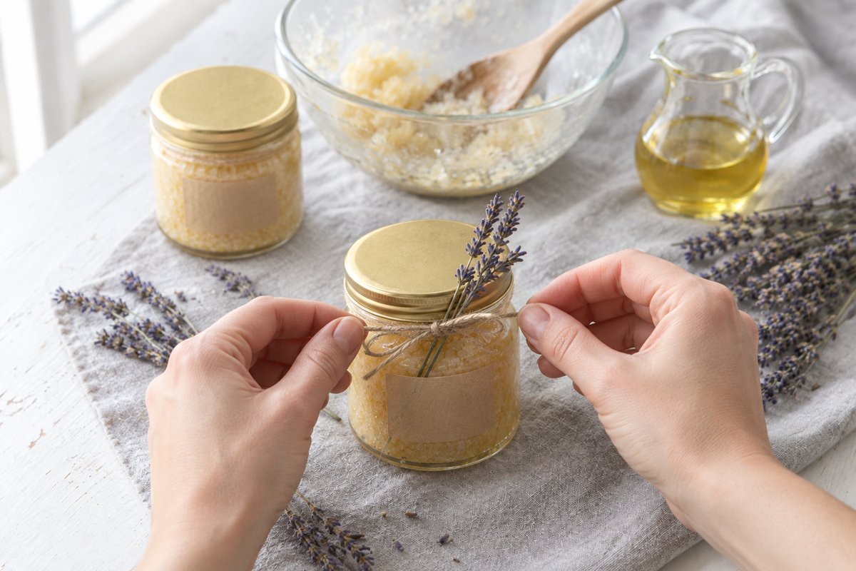 Hands tying twine around a labelled jar of sugar scrub with a gold lid and a sprig of dried lavender