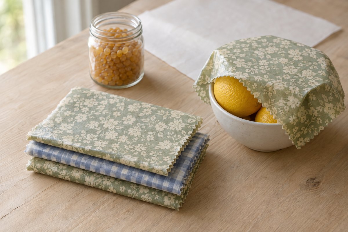 Finished beeswax wraps in sage floral and dusty blue gingham folded beside a jar of beeswax pellets
