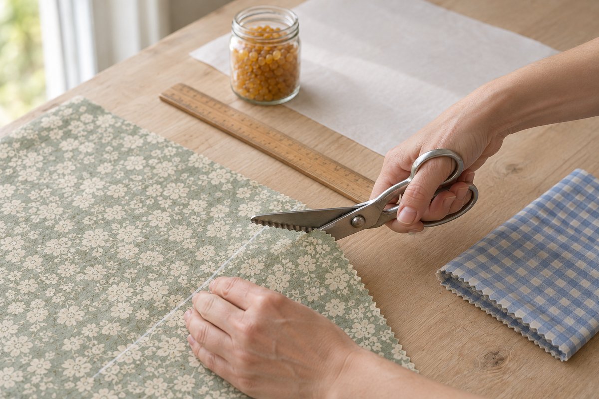 Pinking shears cutting a square of sage floral cotton beside a ruler and dusty blue gingham fabric