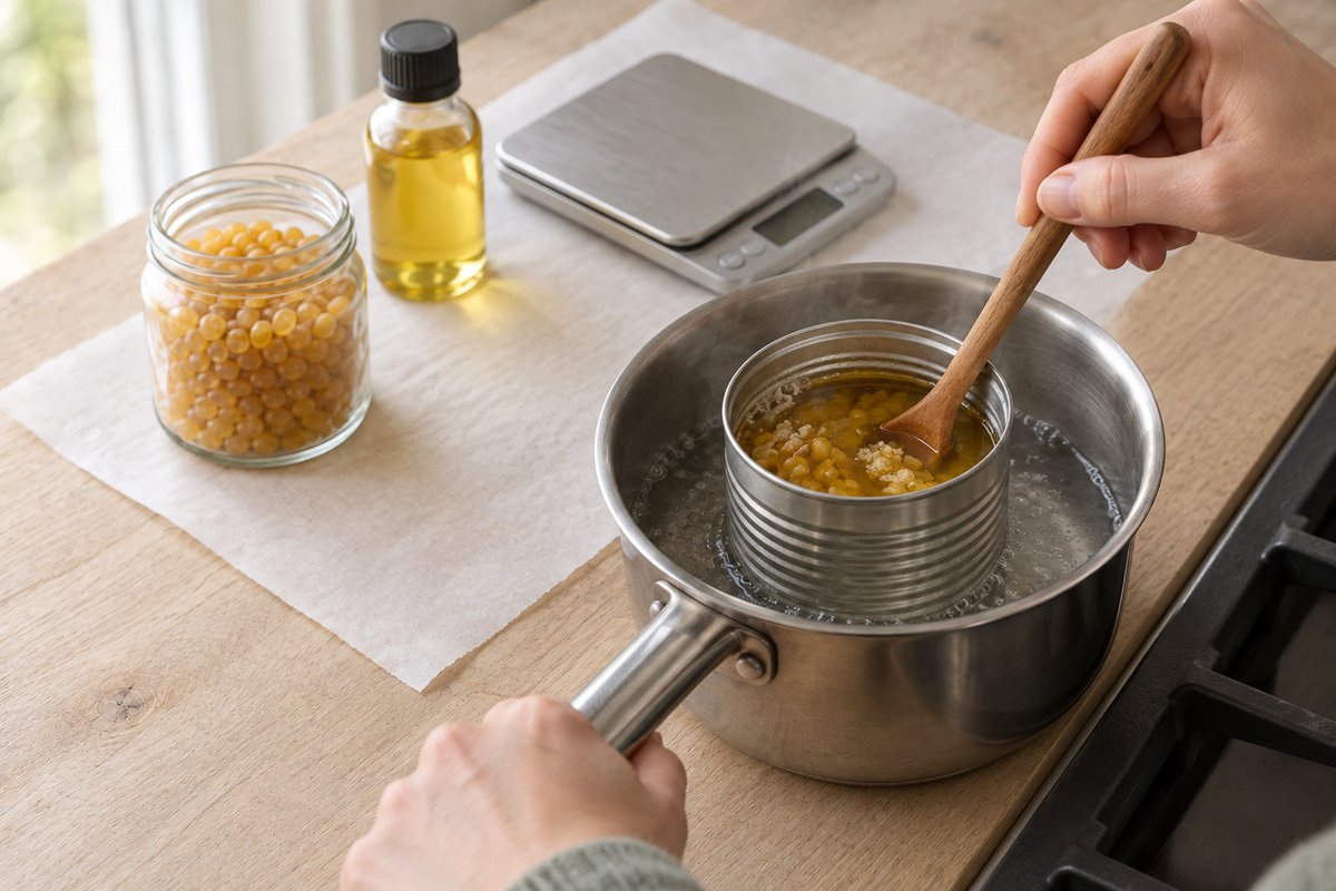 Amber beeswax pellets and pine resin melting in a tin can set inside a pot of simmering water