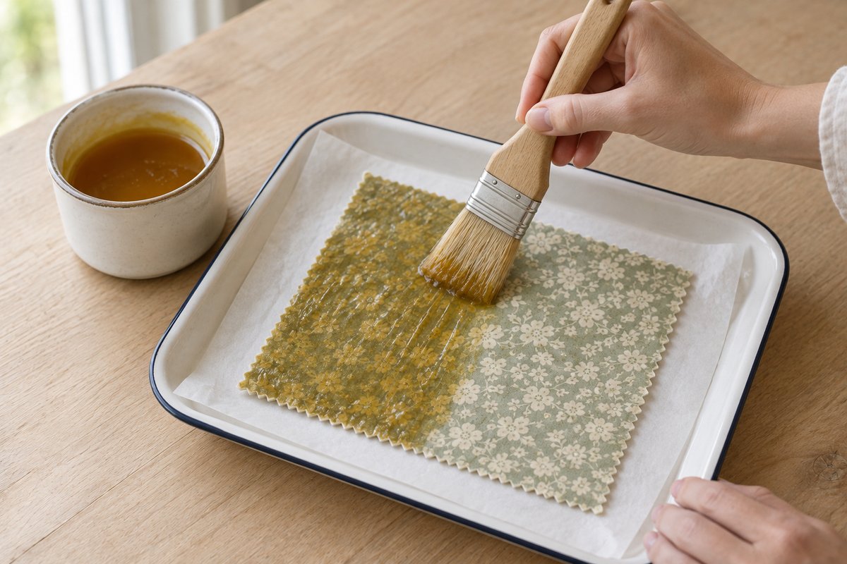 Natural bristle brush painting melted amber wax across a sage floral cotton square on parchment in an enamel tray