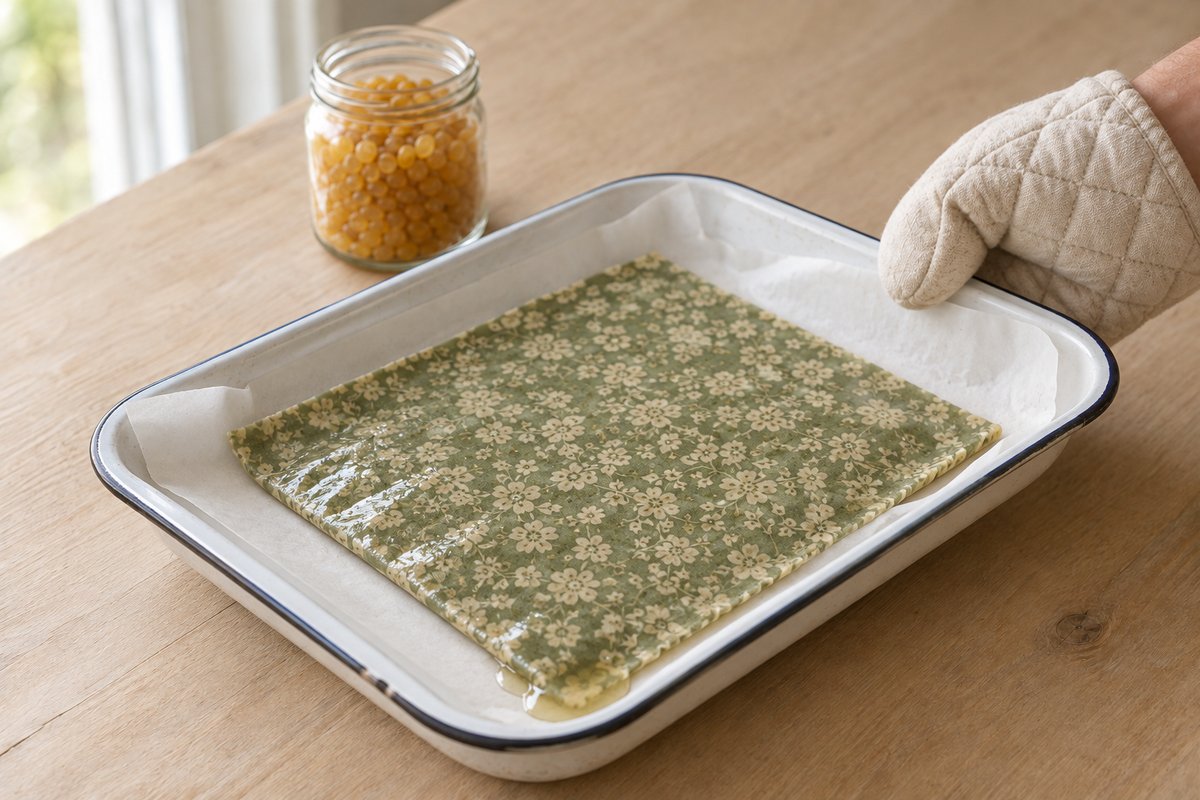 Enamel tray pulled from the oven with a glossy wax-soaked floral cotton square on white parchment