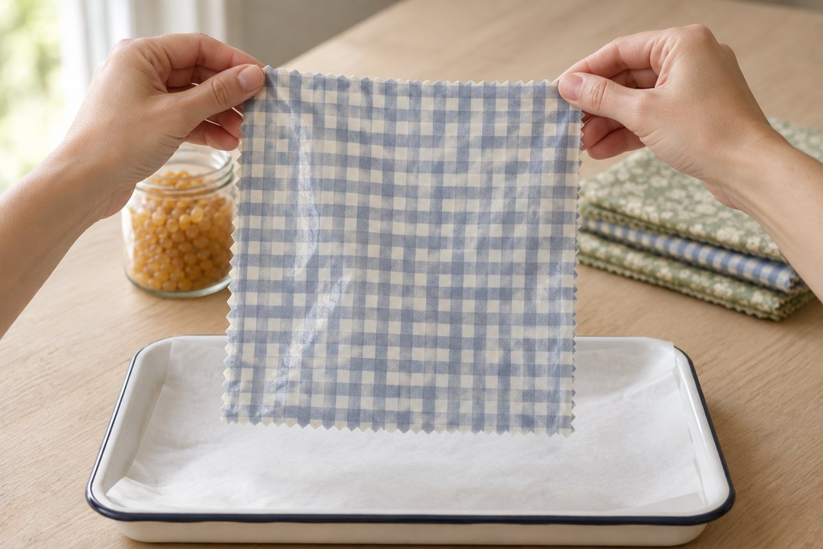 Hands lifting a warm wax-coated dusty blue gingham square by two corners above the parchment-lined tray