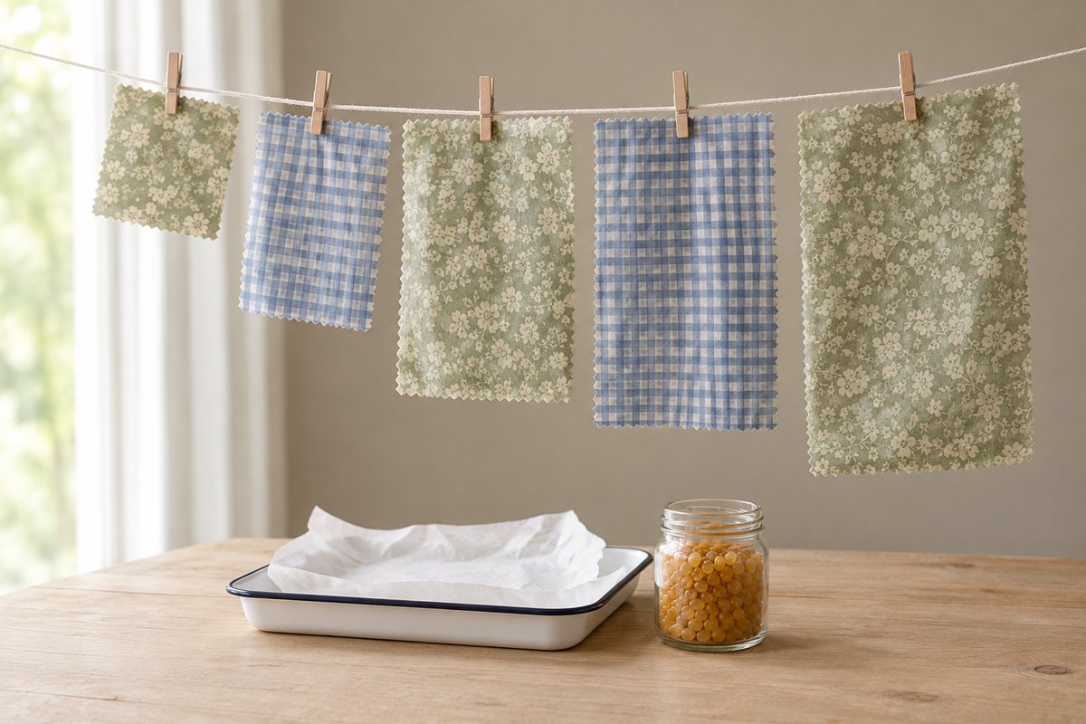 Row of finished sage floral and blue gingham wax wraps hanging on a line above a pale oak table