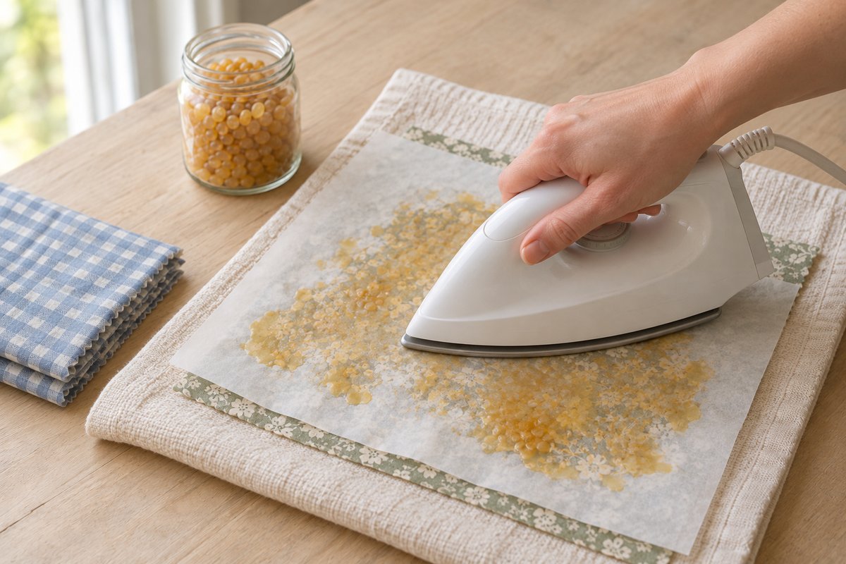 Iron pressing beeswax pellets between parchment sheets over a floral cotton square on a towel-covered table