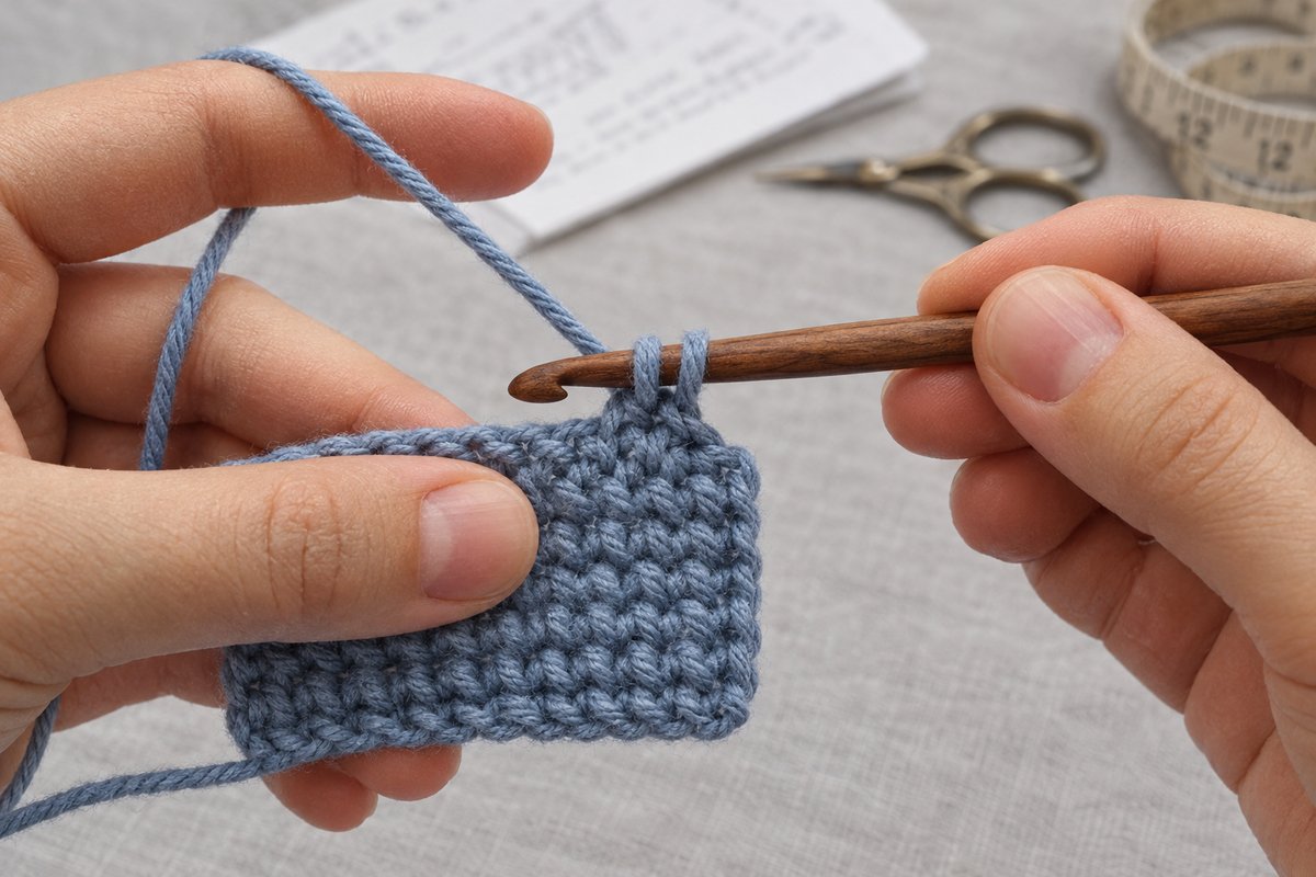 Hands working a dusty blue crochet swatch on a wooden hook next to a folded paper pattern, scissors and a tape measure