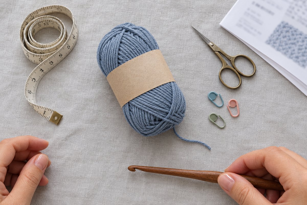 Overhead flat lay of dusty blue cotton yarn, a wooden crochet hook, a tape measure, scissors, stitch markers and a folded pattern sheet