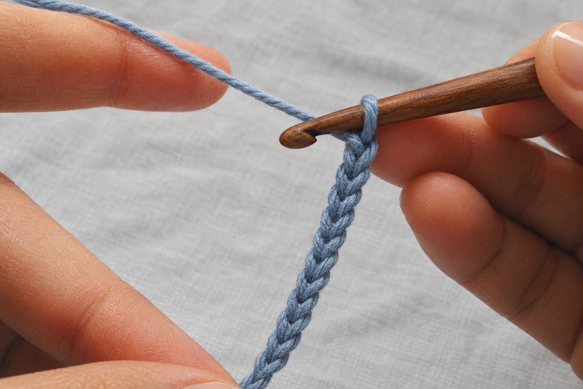 Left hand holding a foundation chain in dusty blue yarn while the right hand keeps a wooden hook in the final chain