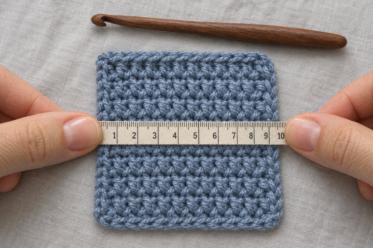 Two hands holding a dusty blue crochet gauge swatch flat with a cloth tape measure laid across the rows of stitches