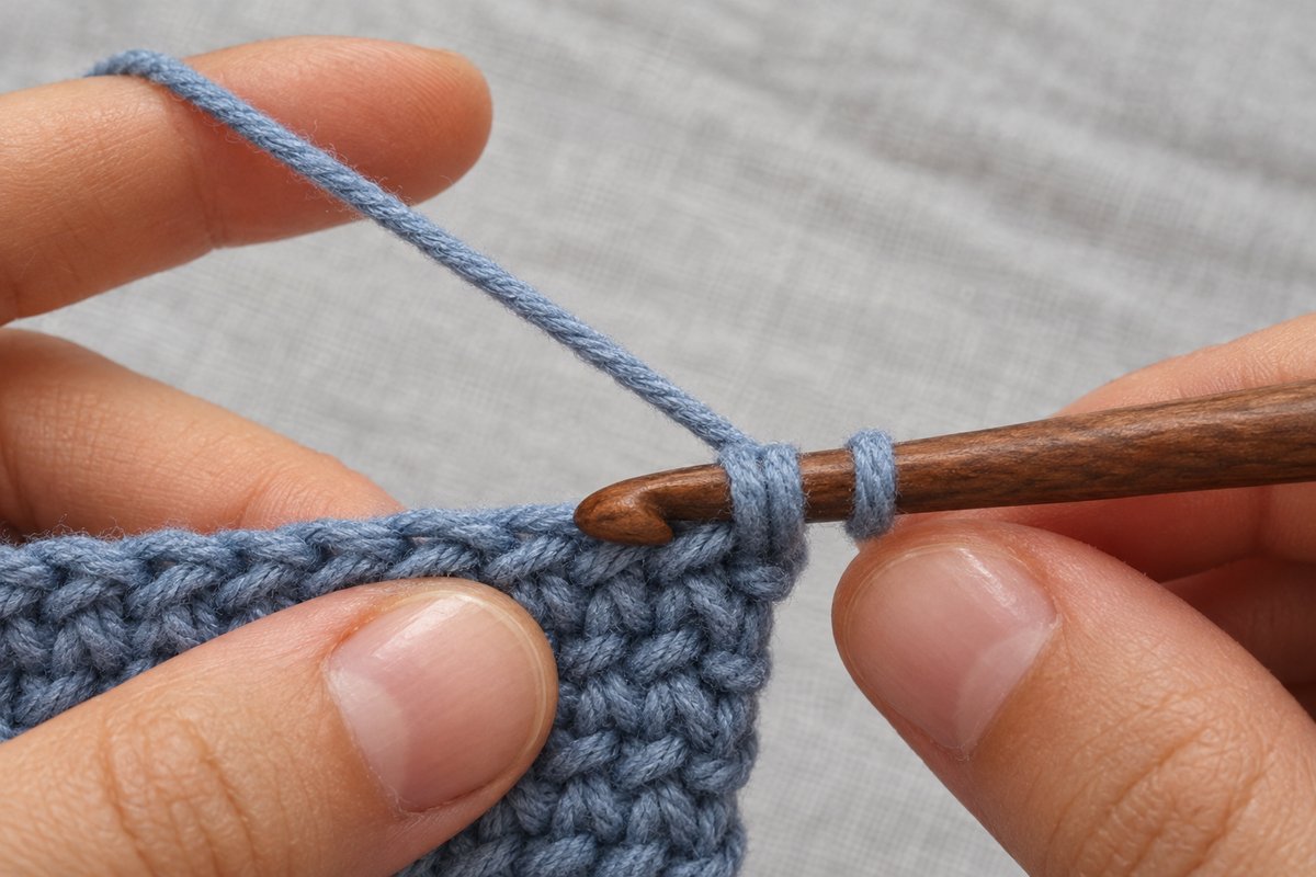 Single crochet in progress with the wooden hook inserted under both top loops of the next stitch in dusty blue yarn