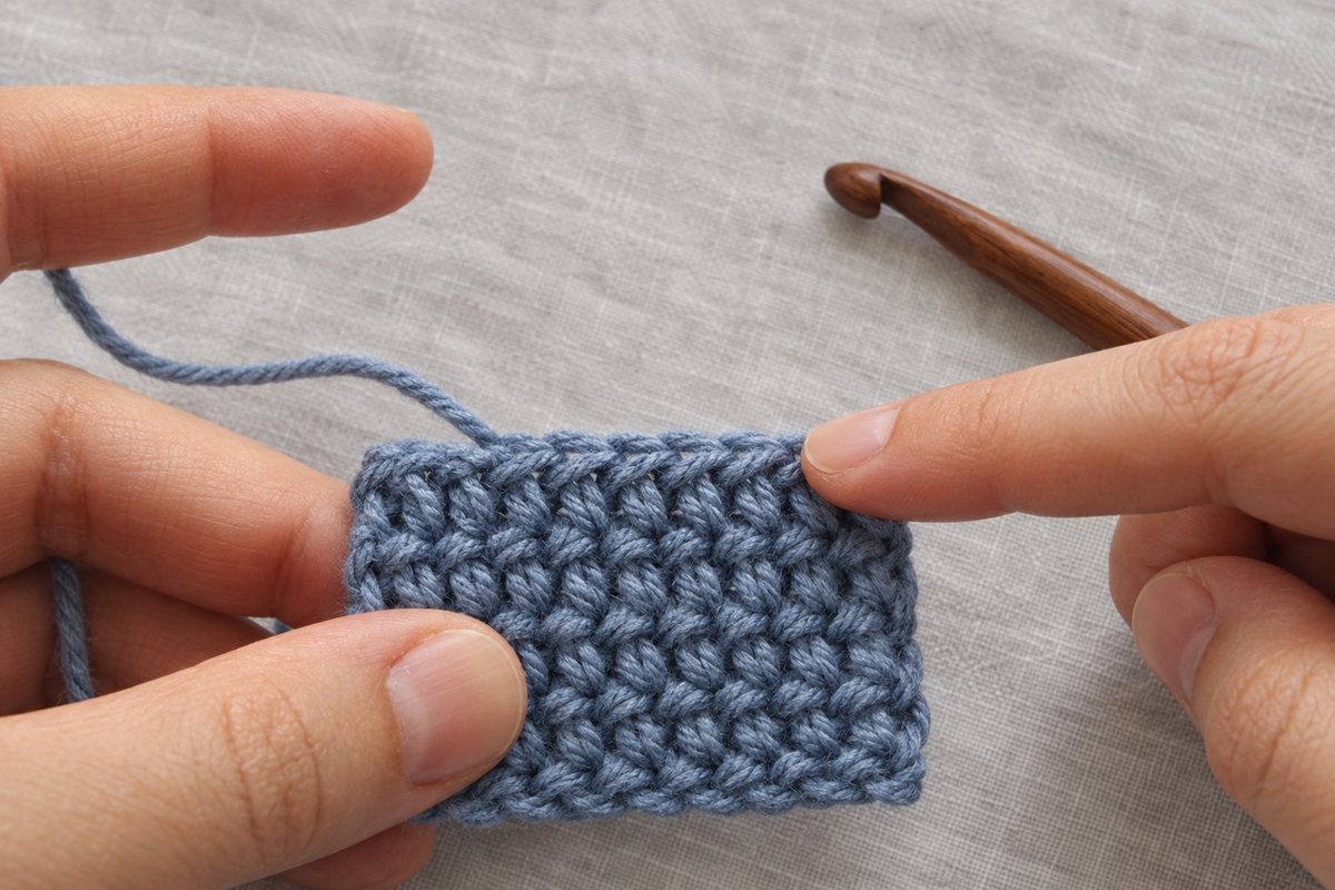 Index finger pointing to a V-shaped stitch while counting along the top edge of a dusty blue crochet swatch