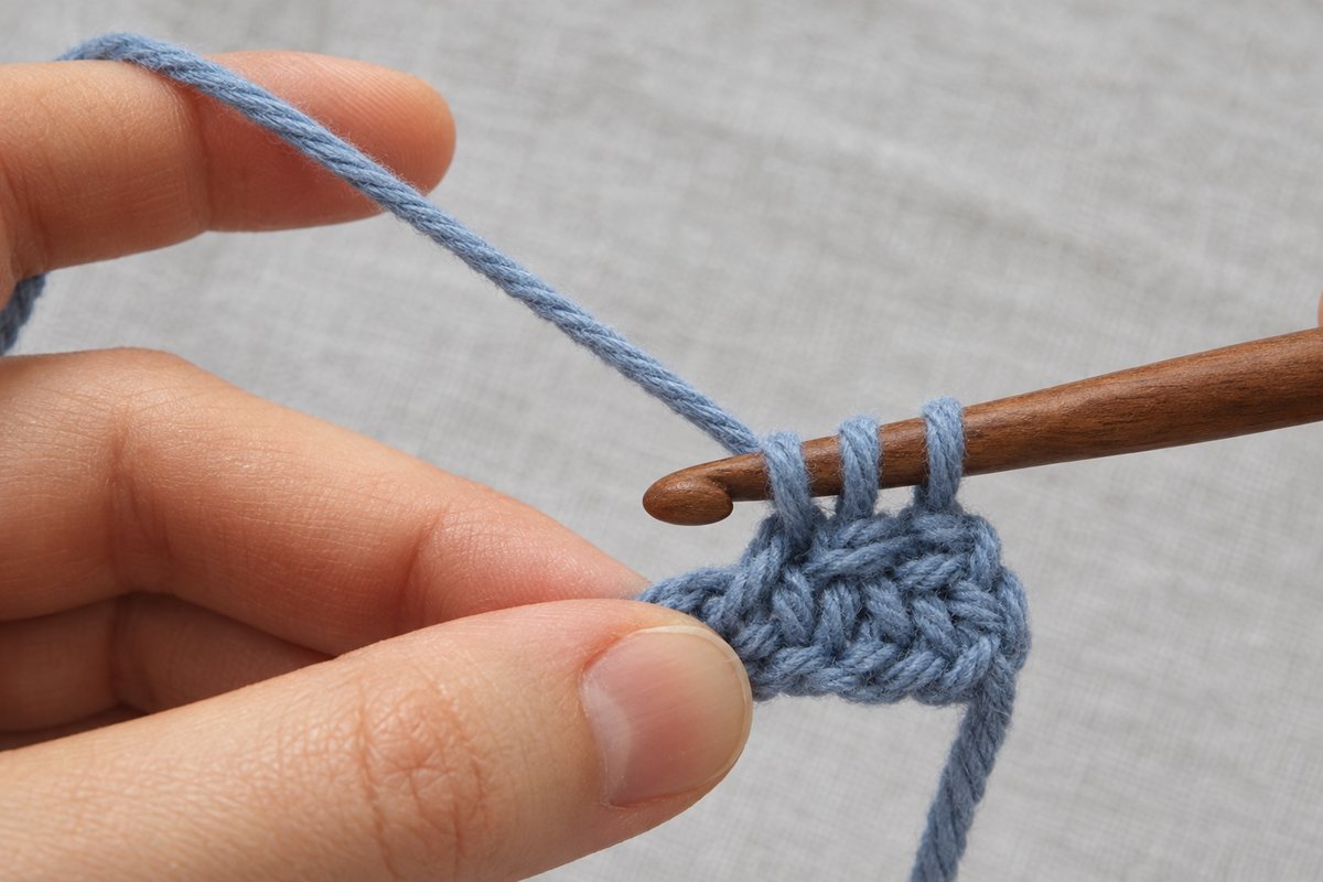 Yarn wrapped over the wooden hook with three loops on the hook while working a double crochet in dusty blue yarn