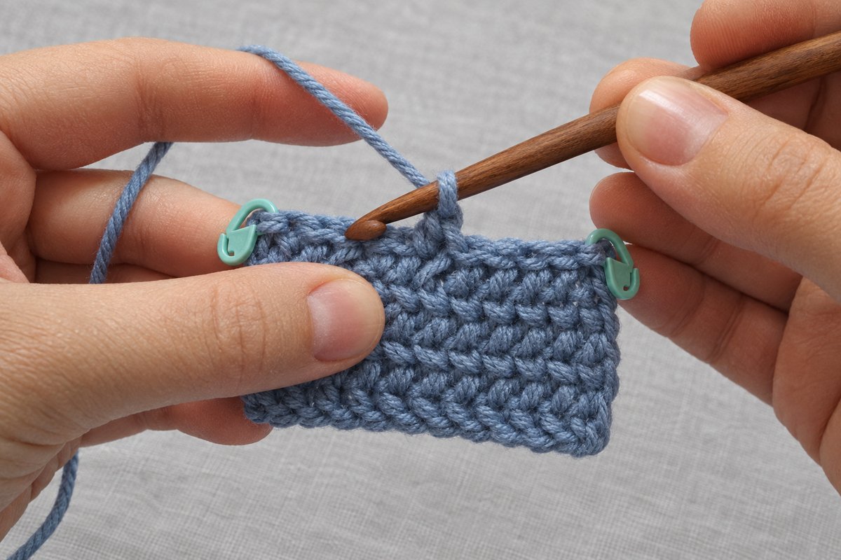 Dusty blue crochet swatch with locking stitch markers clipped into the first and last stitches of a row