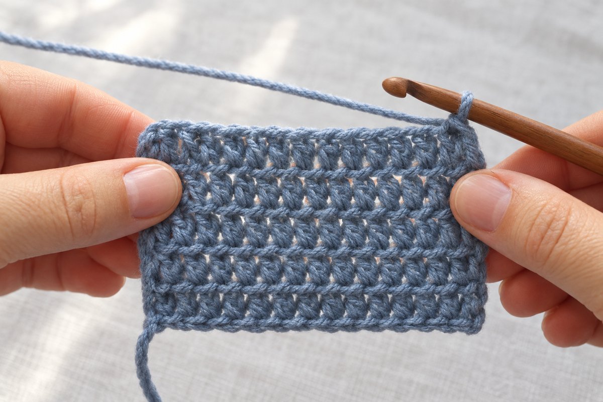Two hands holding a finished dusty blue crochet swatch up to the window light to inspect the rows