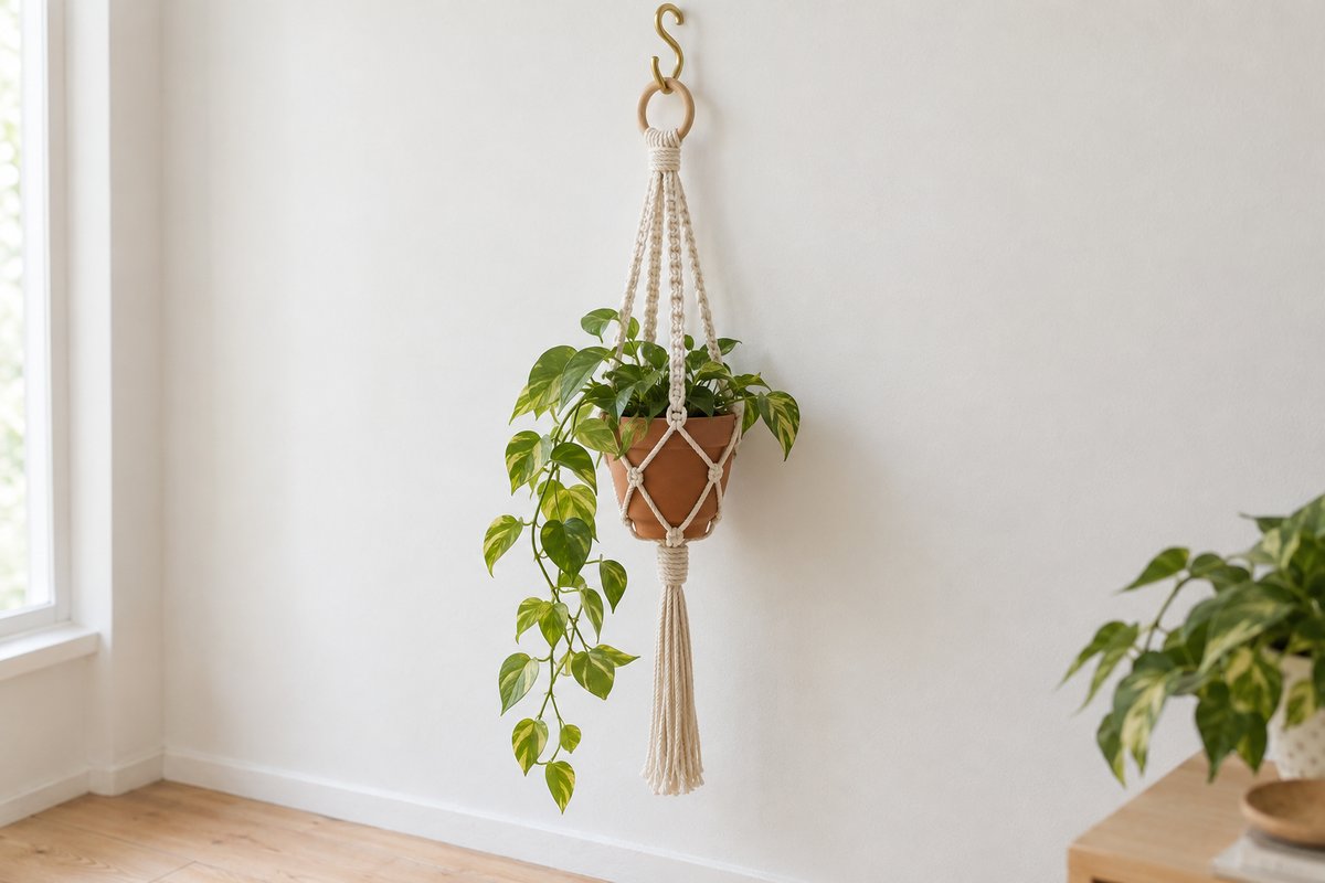 Finished cream cotton macrame plant hanger holding a terracotta pot of trailing pothos on a brass S-hook against a white wall