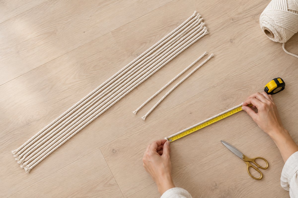 Eight long cream cotton cords laid parallel on a pale wood floor beside gold-handled scissors and a tape measure
