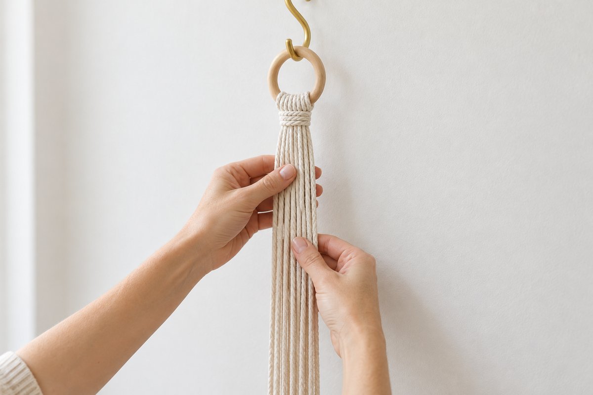 Sixteen cream cord ends pulled through a loop around a light wood ring hanging from a brass S-hook