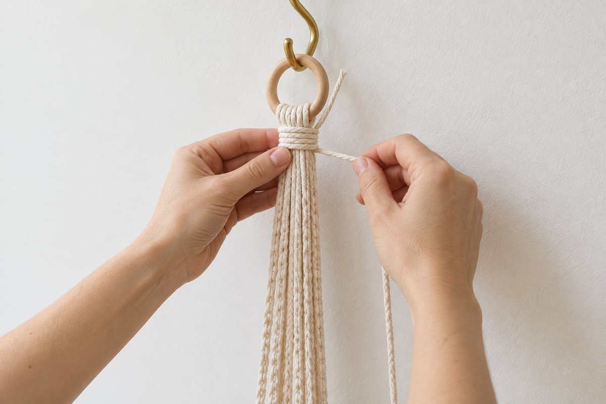 Hands wrapping a short cream cord tightly around the bundle of cords just beneath the wooden ring