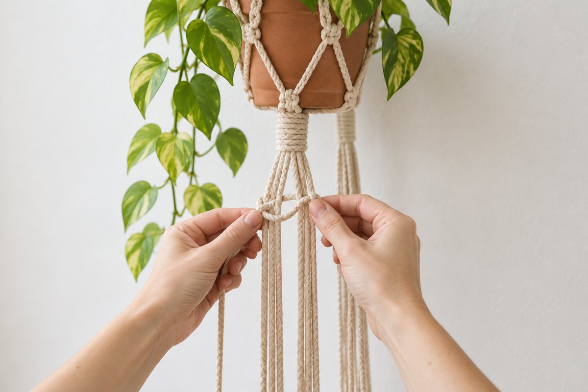 Close view of hands tying the first square knot in a group of four cream cords with a number four shape visible