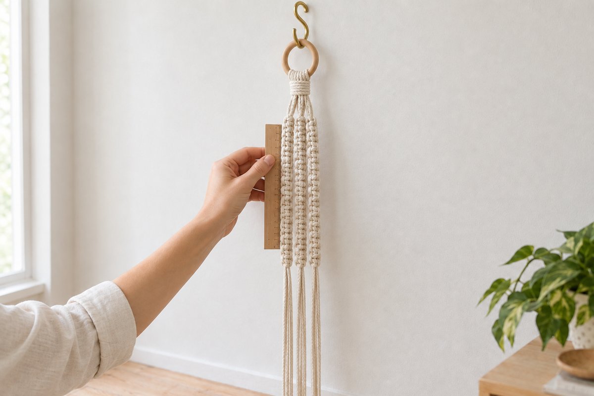 Four neat columns of cream square knots hanging side by side beneath the wrapping knot and wooden ring