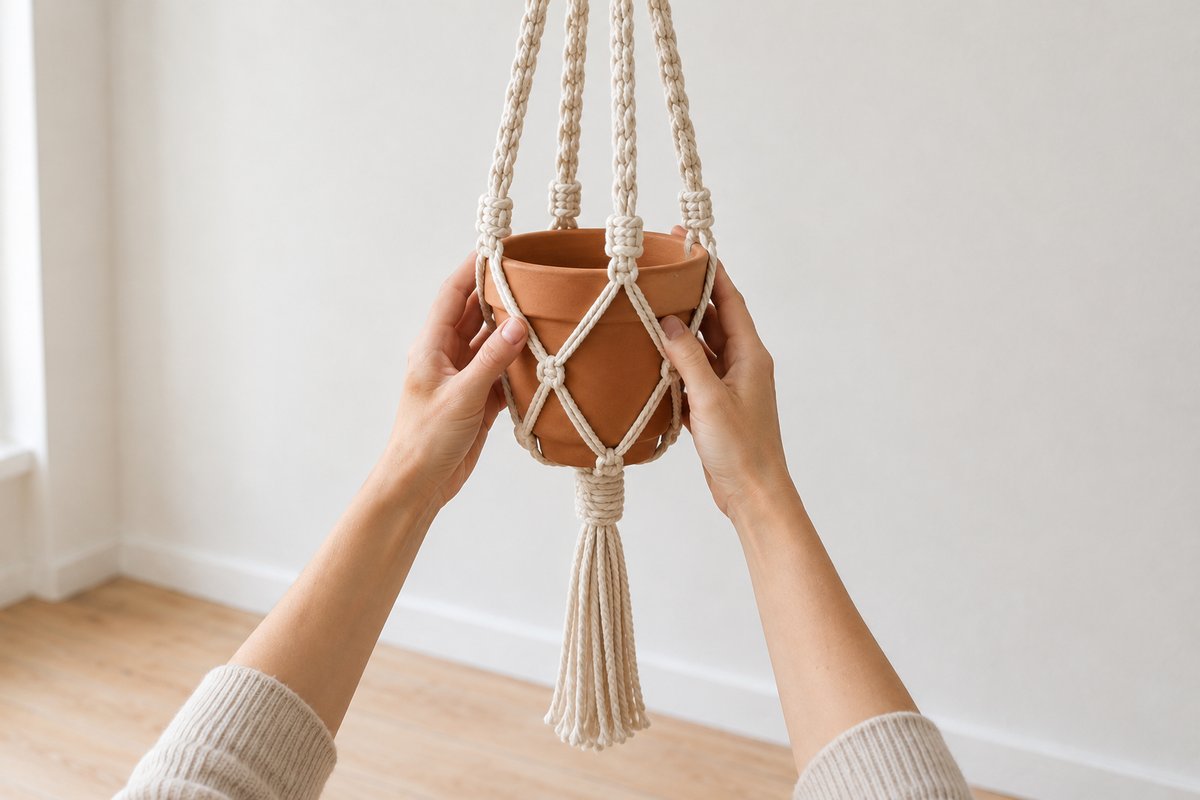 A terracotta pot held inside four hanging cord groups with a single square knot tied level with the rim on each group