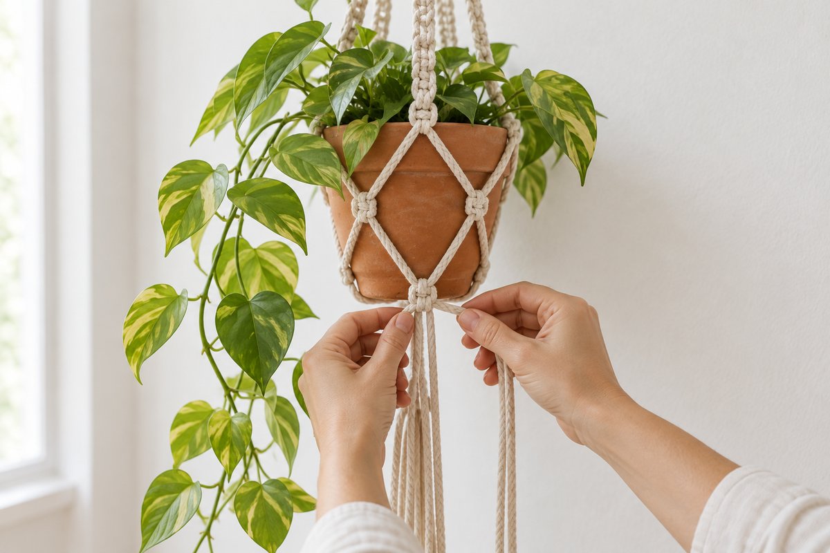 Diamond net of alternating cream square knots forming around a terracotta pot with hands tying the final row