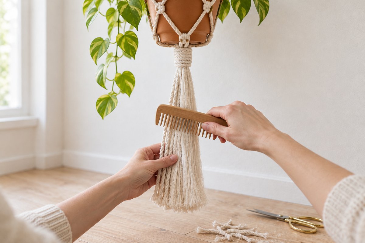 Hands combing out the cream cotton tassel below the bottom wrapping knot with gold-handled scissors on the wood floor