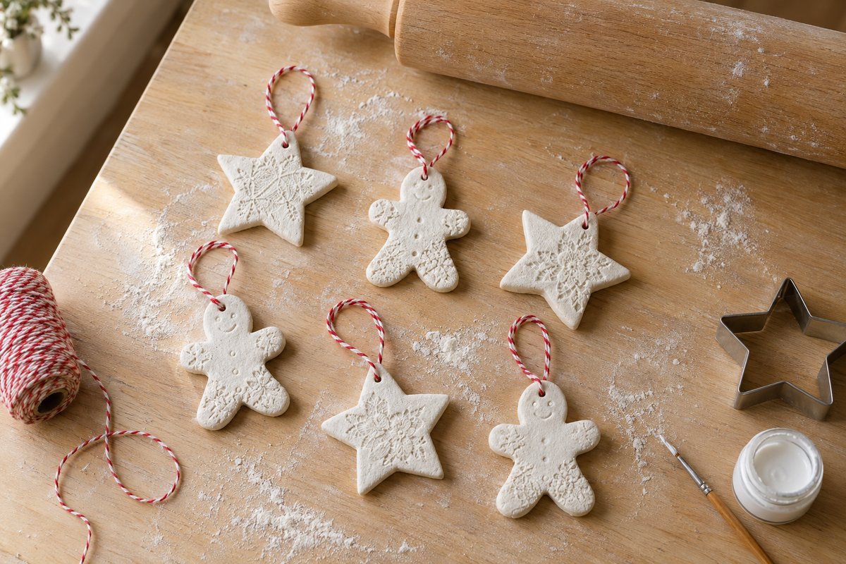 Finished white salt dough star and gingerbread-man ornaments tied with red and white twine on a floured wooden board