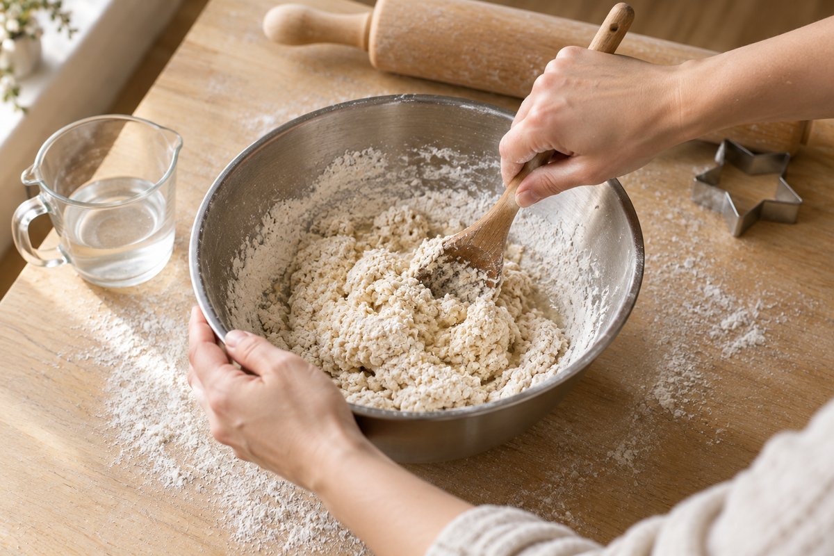 Hands stirring flour, salt and warm water into a shaggy dough in a stainless steel bowl