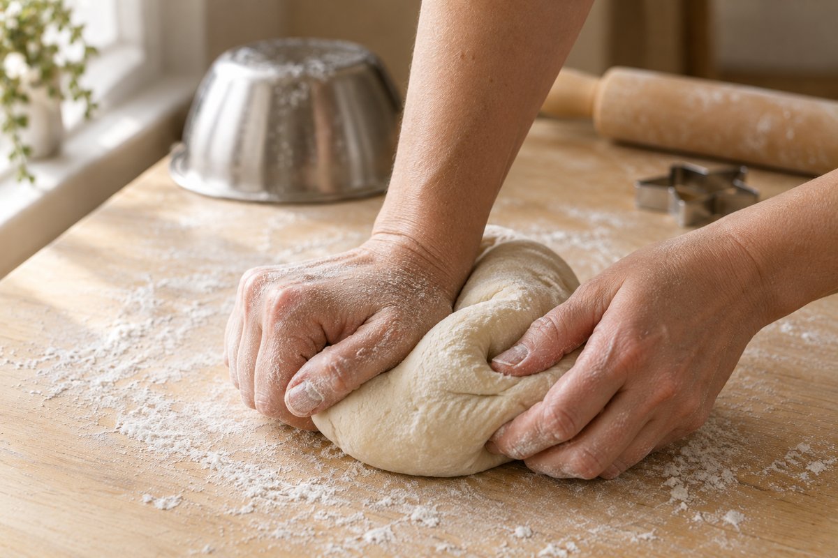 Two hands kneading a smooth ball of pale salt dough on a floured wooden board