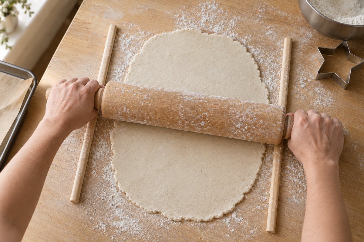 Wooden rolling pin flattening salt dough into an even sheet between two thin wooden guides