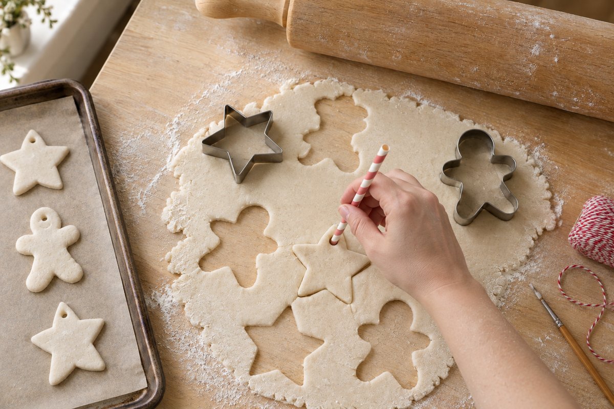 Star and gingerbread-man cutters pressed into rolled salt dough with a straw making a hanging hole