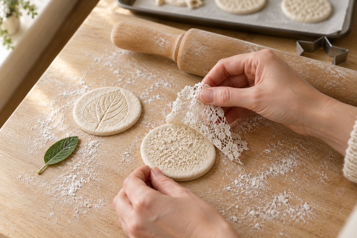 A scrap of white lace being peeled off a round of salt dough to reveal a fine imprinted pattern