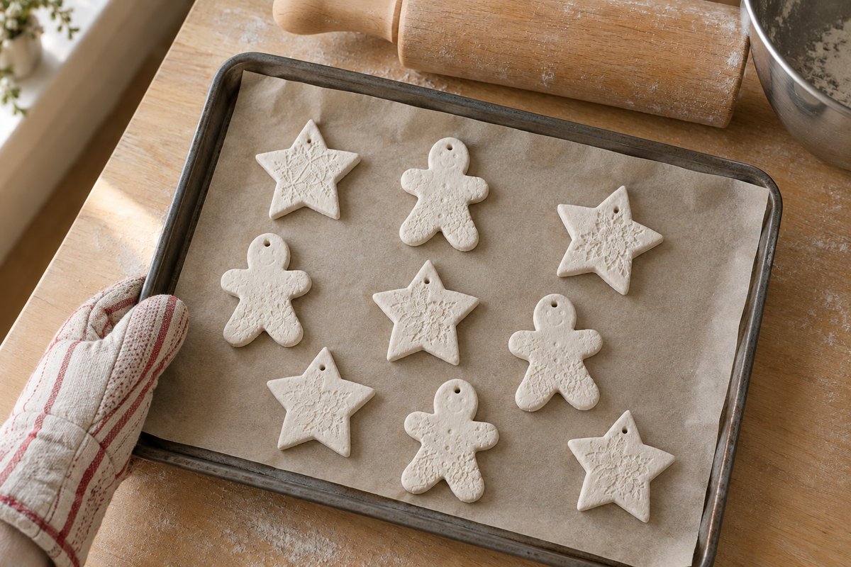 Baked salt dough stars and gingerbread men on a parchment-lined baking sheet, dry and pale