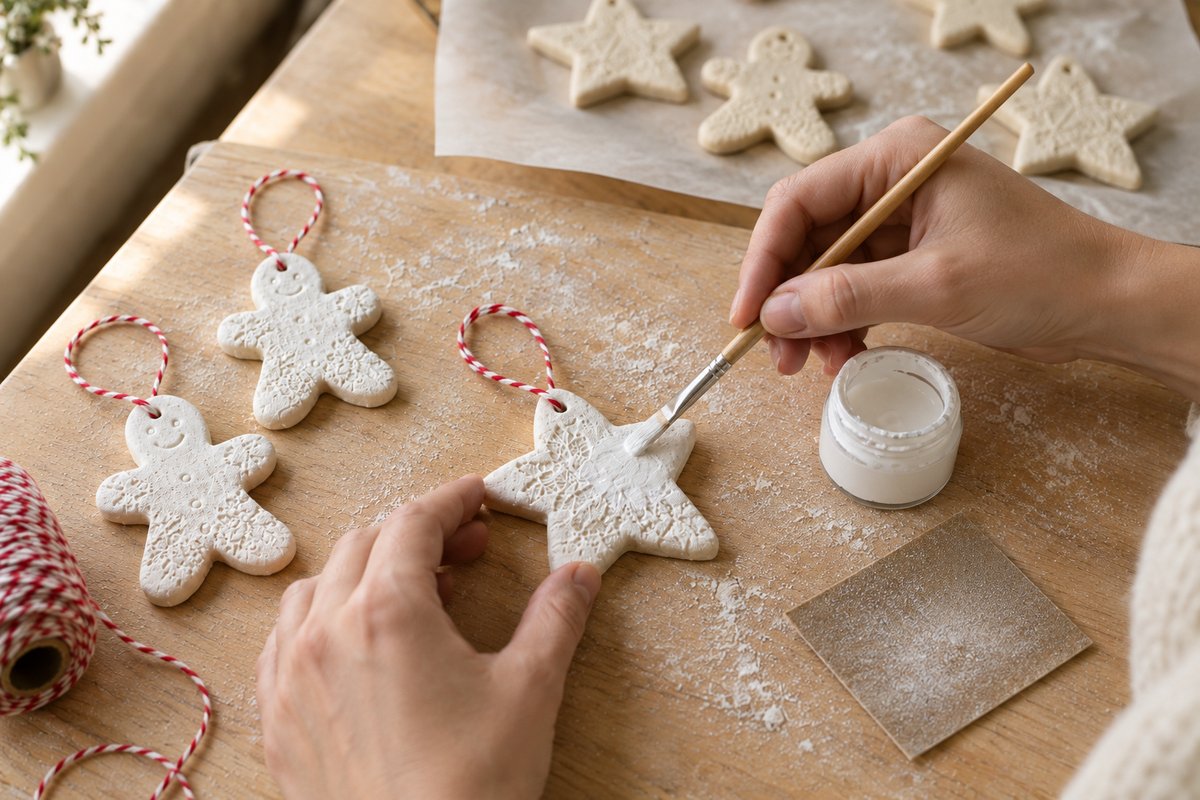 A thin brush applying white acrylic paint to a cooled salt dough star beside a jar of paint
