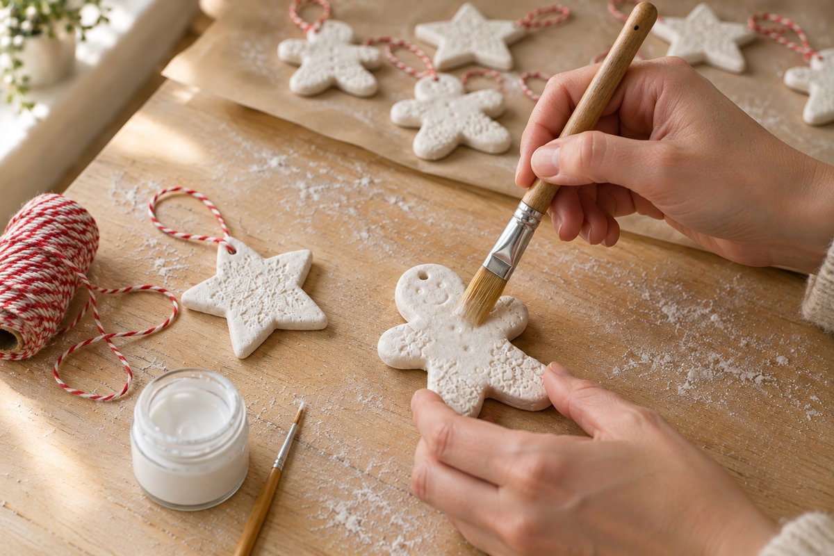 Hands brushing clear sealer onto a painted salt dough ornament with red and white twine threaded through