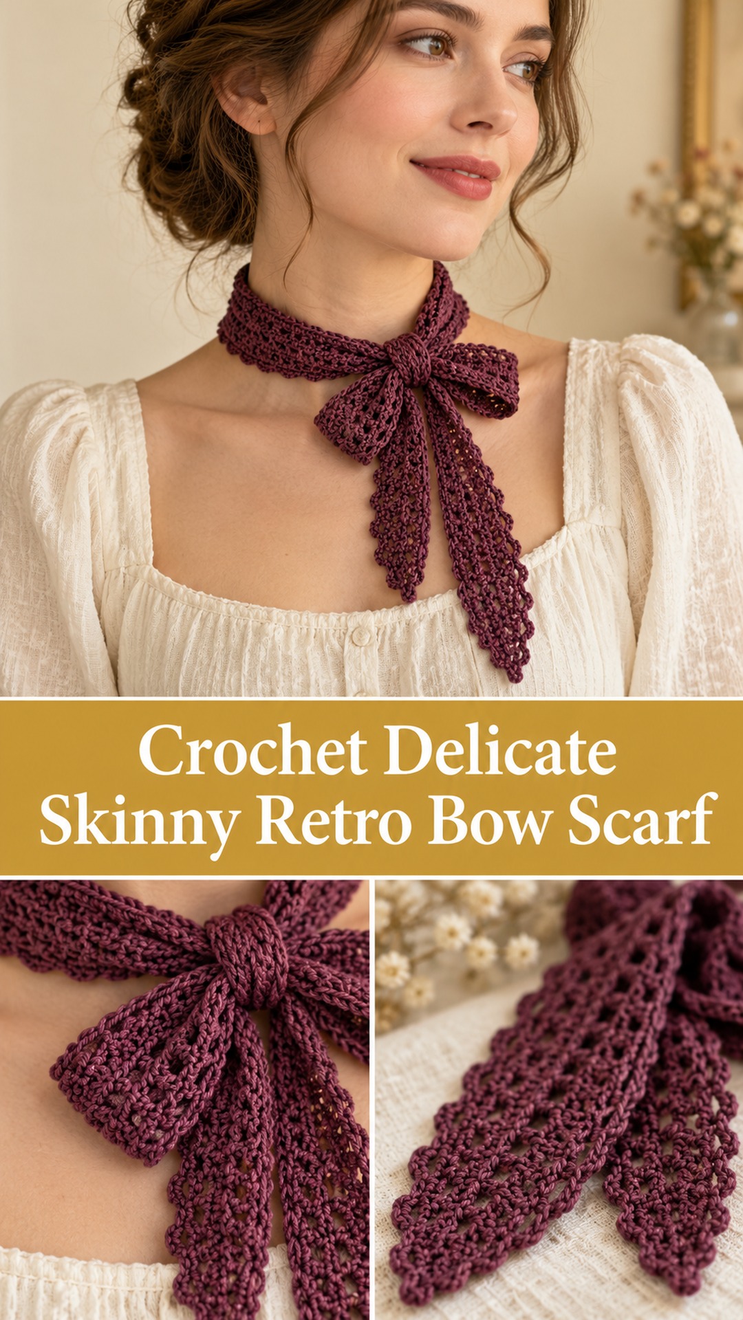 Crochet Delicate Skinny Retro Bow Scarf